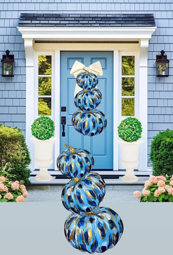 LARGE Door Hanger Fall Tiered Pumpkins in Marbled Blue, White, and Gold