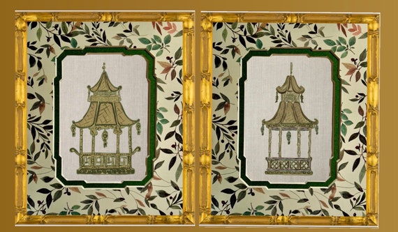 Pair of Fine Art Posh Pagoda Prints Matted and Framed