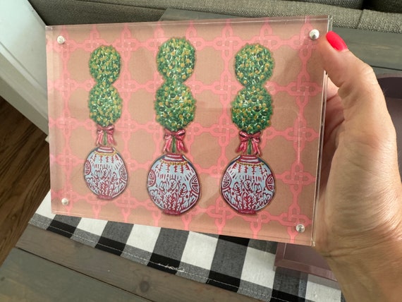 Single Fine Art Print of Trio of Topiaries Framed in Lucite Block