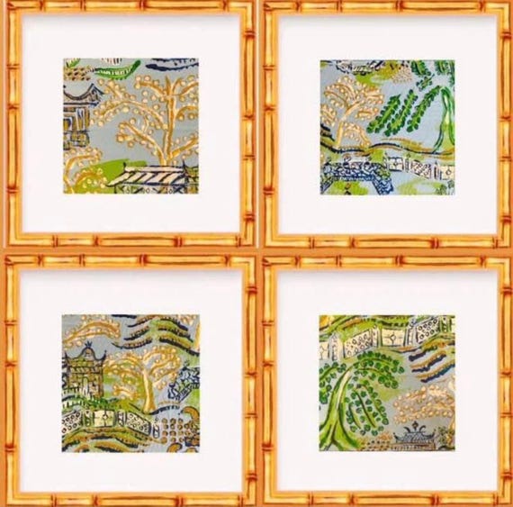 Set of Four Fine Art Canvas Paper Chinois Landscape Prints Matted and Framed