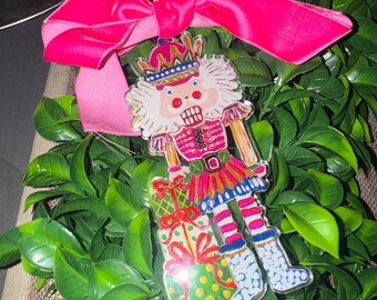 Single Acrylic Nutcracker Ornament with Plush Velvet Hot Pink Bow