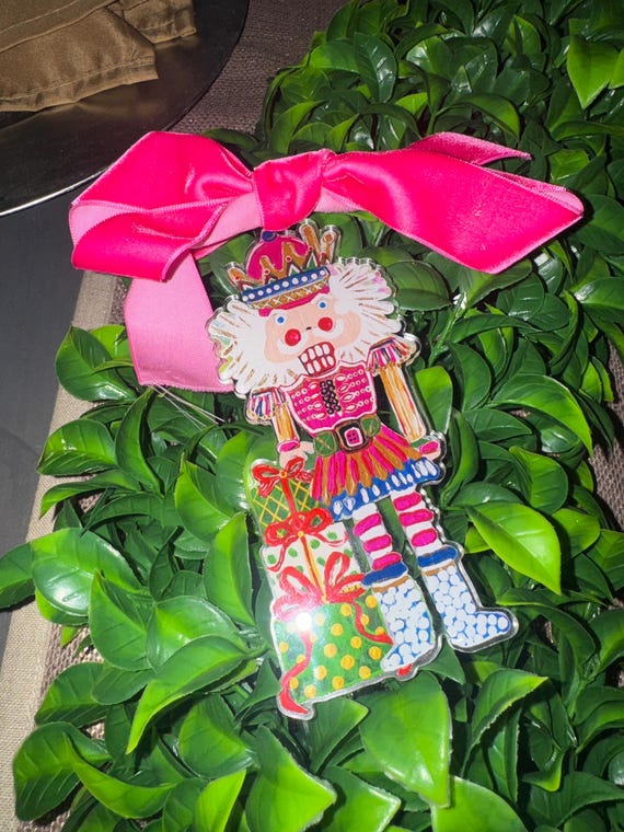 Single Acrylic Nutcracker Ornament with Plush Velvet Hot Pink Bow