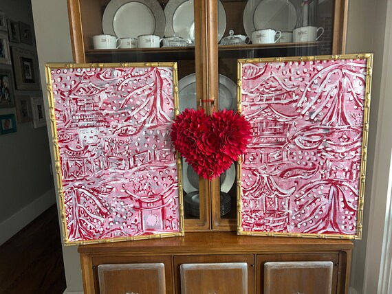 Pair of Chinoiserie Abstract Crimson and Pink Originals Framed to 17x25 Each