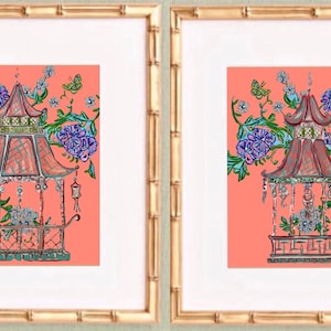 Pair of Chinoiserie Pagoda and Vines Fine Art Canvas Paper Framed Gicleè Prints in Gold Bamboo