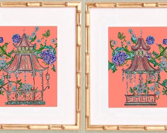 Chinoiserie Pagoda Art Prints: Gold Bamboo Frames, Fine Art Paper (Set of 2)