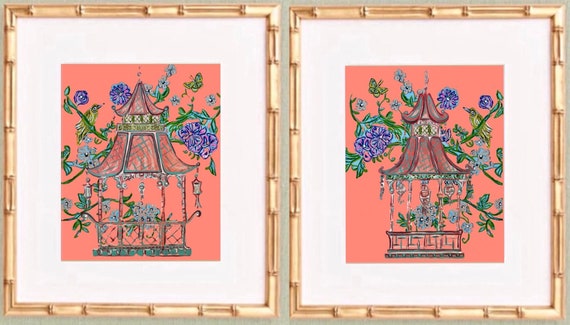 Chinoiserie Pagoda Art Prints: Gold Bamboo Frames, Fine Art Paper (Set of 2)