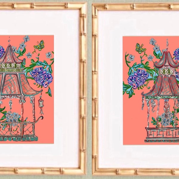 Pair of Chinoiserie Pagoda and Vines Fine Art Canvas Paper Framed Gicleè Prints in Gold Bamboo