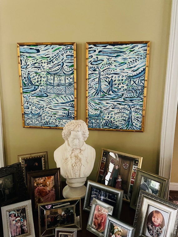 Pair of Chinoiserie Abstract Blue and White Fine Art Gicleès Framed to 17x25 Each