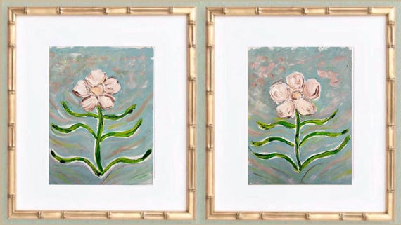 Floral Botanical Giclee Print Set: Gold Bamboo Frames, Signed Art