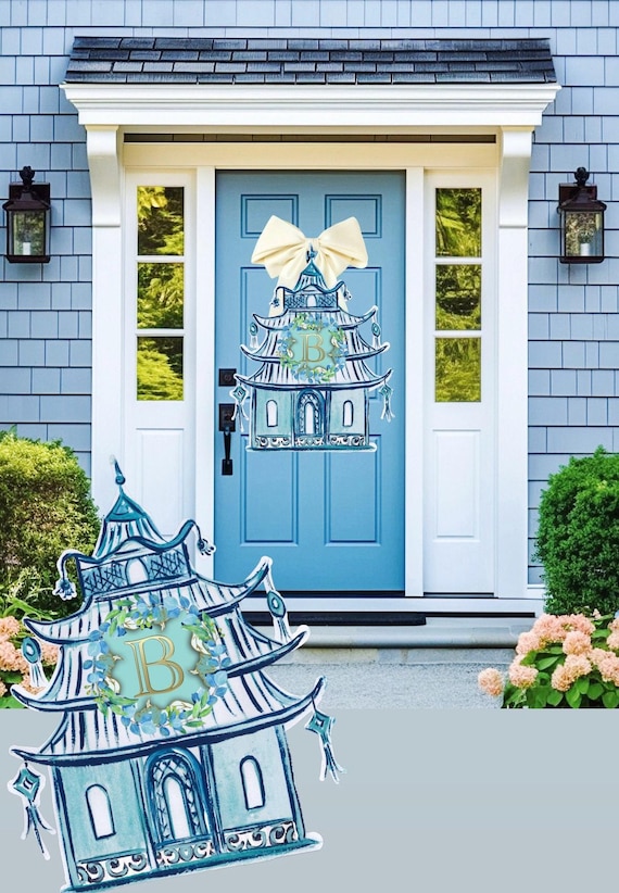 LARGE Door Hanger Blue Pagoda with Personalized Monogram