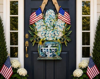 LARGE Red White and Blue Ginger Jar Hydrangea Door Hanger (does NOT come with bow)