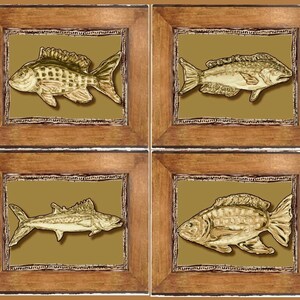 May include: Four wooden picture frames with a gold trim, each containing a different illustration of a fish. The fish are all drawn in a realistic style and are depicted in a variety of poses. The frames are all set against a white background.