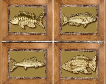 Set of (4) Fine Art Fish Canvas Paper Prints with Decorative Border Framed in Wooden Distressed Live Edge Frames 11x14