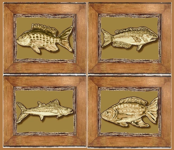 Set of (4) Fine Art Fish Canvas Paper Prints with Decorative Border Framed in Wooden Distressed Live Edge Frames 11x14