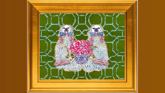 Gilded Staffie Dogs Art Print: Florals, Gold Leaf Frame