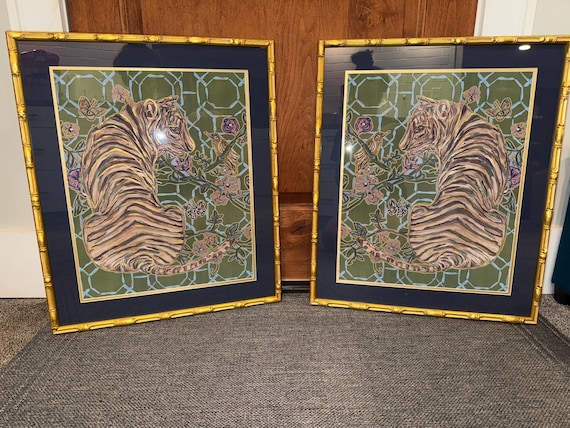 LARGE Pair of Chinois Tigress Prints Double Matted and Framed in Gilded Gold Bamboo Frames