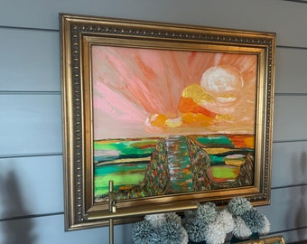 Original Painting “Coastal Marsh” Framed in Gilded Gold Leaf Wooden Ornate Egg and Dart Frame