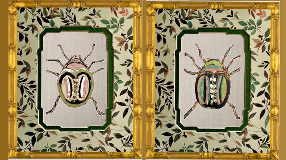Framed Beetle Prints: Gilded Bamboo Frames, Double Matted, Pair