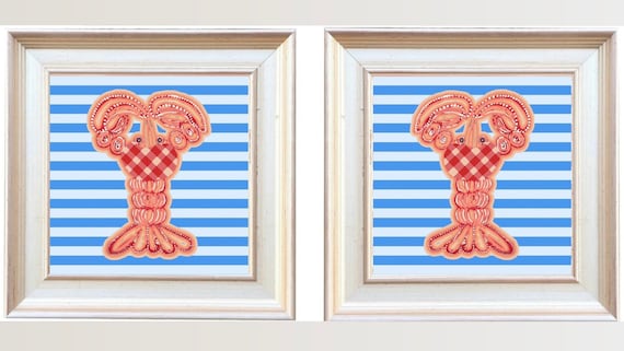 Pair of Nursery Lobster Gingham Style Fine Art Prints Framed in Gilded Silver Leaf Wide Wooden Molding Frames
