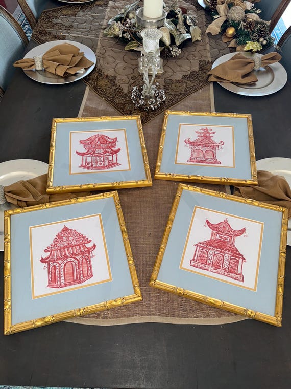 Pagoda Art Prints (Set of 4): Pearlescent Red, Gold Bamboo Frames