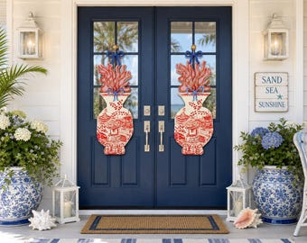Ginger Jar Door Hangers: Red/Pink & White PVC Decor (Pair)