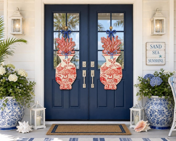 Ginger Jar Door Hangers: Red/Pink & White PVC Decor (Pair)