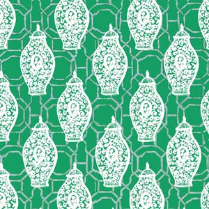 May include: A repeating pattern of white decorative vases with intricate designs on a green background. The vases are set against a light gray geometric trellis pattern, creating a visually appealing and symmetrical design.