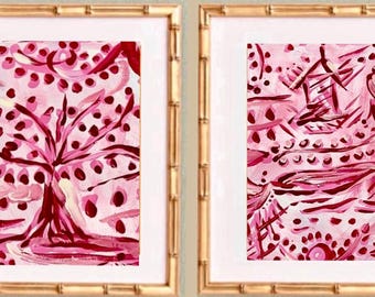 Pair of Fine Art Canvas Paper “Crimson Chinois Pagoda Landscapes” Matted in White and Framed in Gilded Gold Bamboo