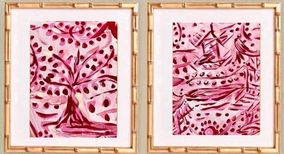 Pair of Fine Art Canvas Paper “Crimson Chinois Pagoda Landscapes” Matted in White and Framed in Gilded Gold Bamboo