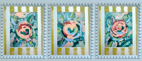 Abstract Floral Print Trio: Hand-Painted Striped Mat, Lacquered Bobbin Frames