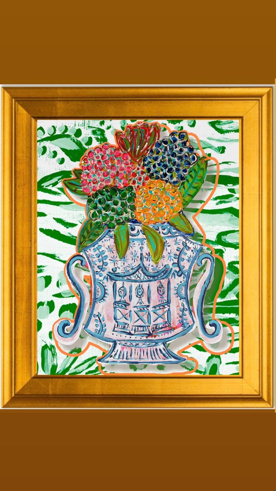 Large Florals in Ginger Jar Art Print Framed in Gold Leaf Frame