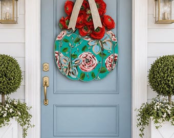 LARGE Door Hanger Red Florals in Ginger Jar Vase