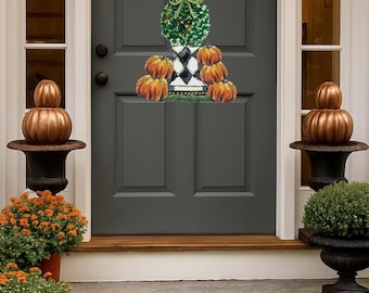 Fall Black and White Check Pumpkin Topiary Door Hanger: 30" Weatherproof PVC