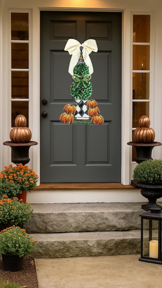 Fall Black and White Check Pumpkin Topiary Door Hanger: 30" Weatherproof PVC