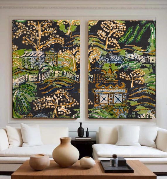 Chinois Pagoda Landscape Art Prints: Large Giclee Canvas Paper Pair