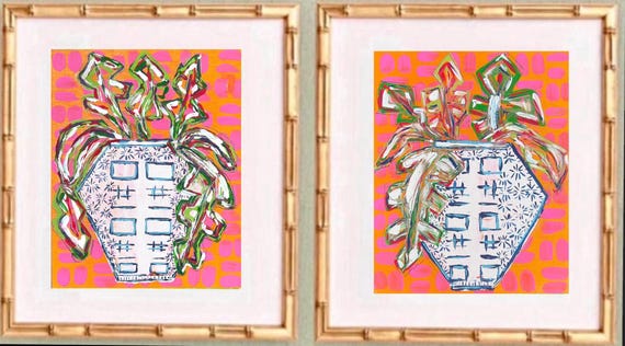 Chinoiserie Ginger Jar Art Prints: Gold Bamboo Frames, Set of 2