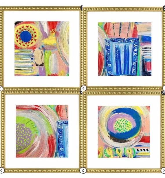 Set of (4) Fine Abstract Canvas Paper Prints in Gold Beaded Frames to 13x13