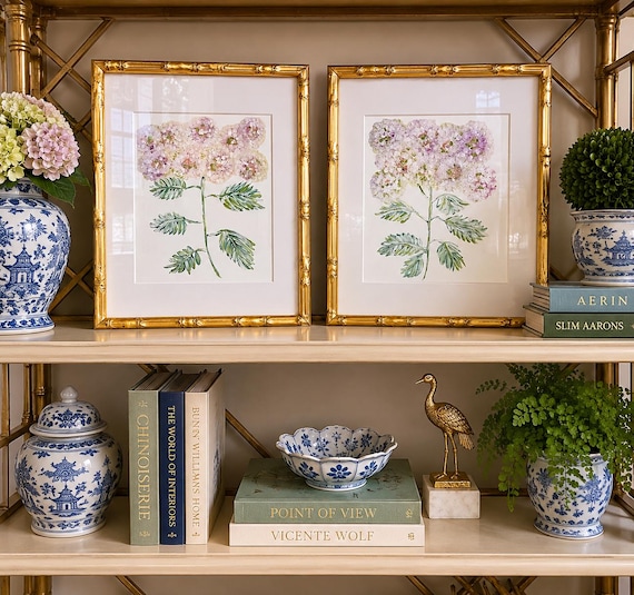 Floral Botanical Giclee Print Set: Gold Bamboo Frames, Signed Art