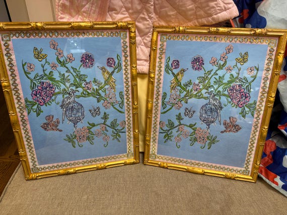 Chinoiserie Songbird Art Prints: Gold Bamboo Frames, Pair 12x15