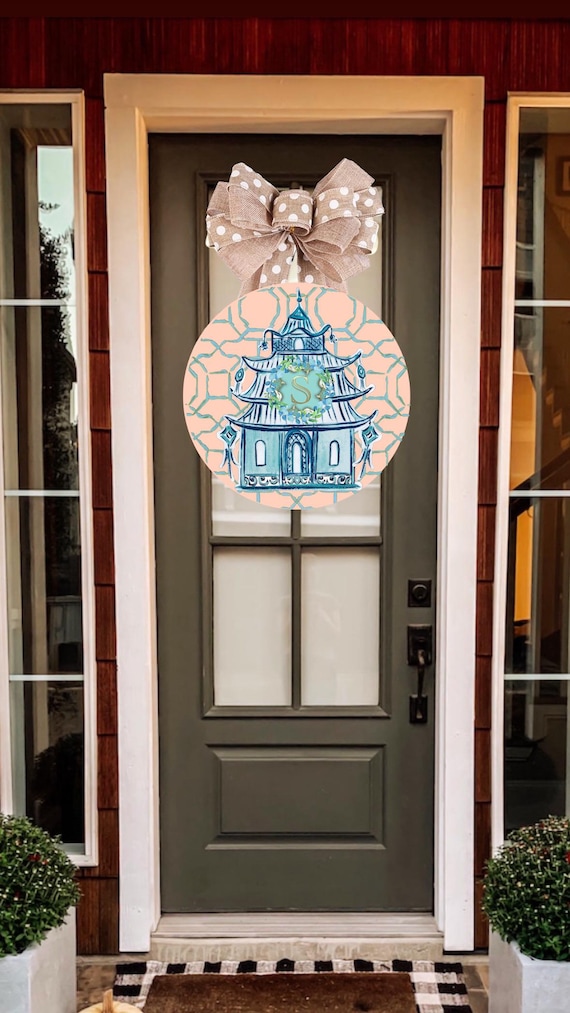 Single Round Chinoiserie Pagoda Monogrammed Door Hanger with Bow (made of wood)