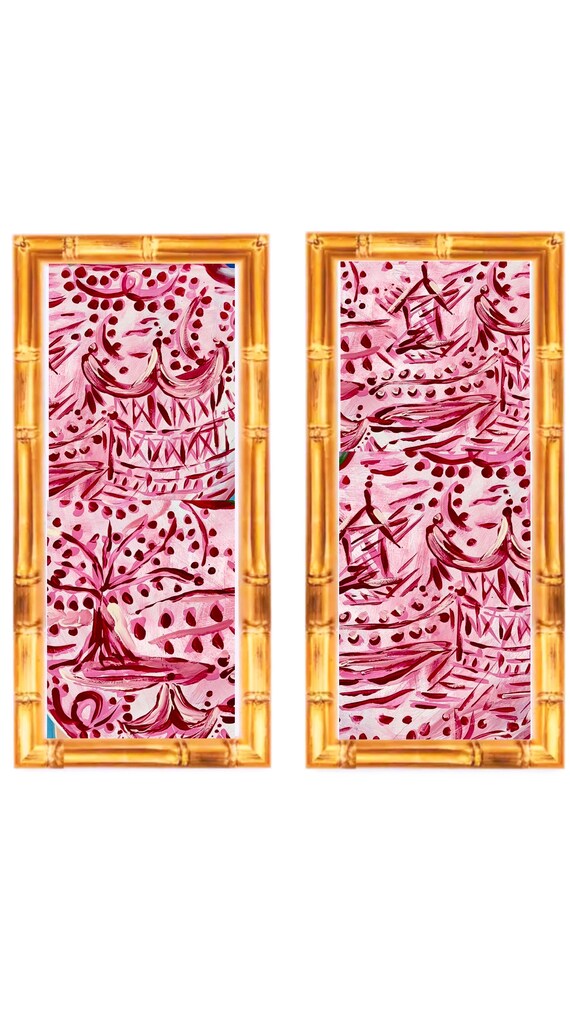Pair of Chinoiserie Abstract Crimson Red Fine Art Prints Framed in Gold Bamboo