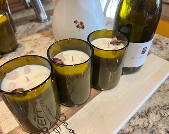 Repurposed Wine Bottle Soy Candles, Scented and Gem Infused