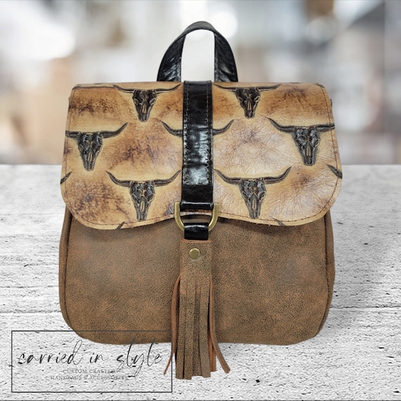 brown leather skull-backpack Handcrafted Top Grain Leather Nathalie Mini Backpack ~ Mini Backpack ~  Bomber Brown Leather Bag ~ Cow Skull Leather Backpack