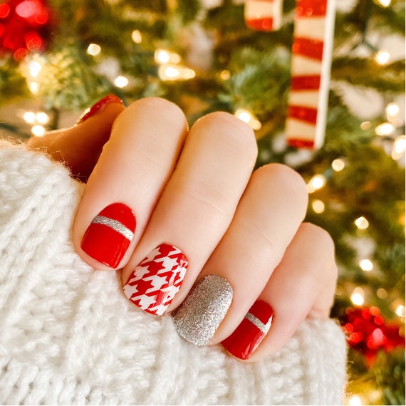Christmas Snowflake Nail Wraps / Burgundy Red Holiday Nail Strips / 3D Gold  Glitter Winter Nail Stickers / Plaid Check Nail Polish Strips