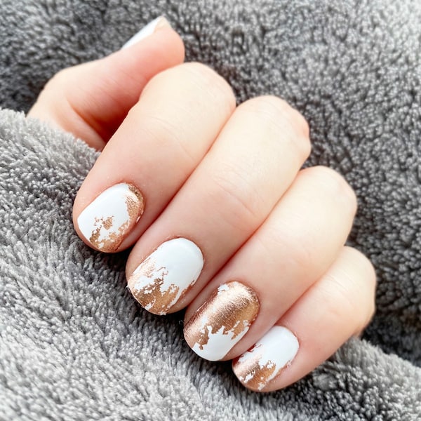 White & Rose Gold Flake Nail Wraps 100% Nail Polish Stickers Nail Strips