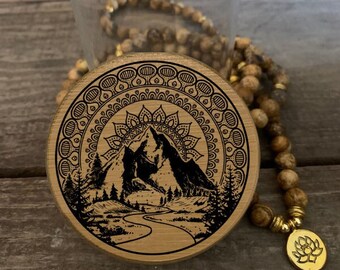 Stash Jar with Mountain Mandala engraved design on Bamboo Top Silicone Seal Great Gift Idea with Custom Orders Available