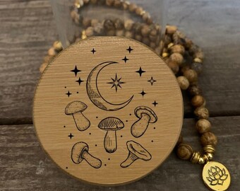 Stash Jar with Laser Engraved Moon Mushroom design on Bamboo Top Jar Custom Orders Available