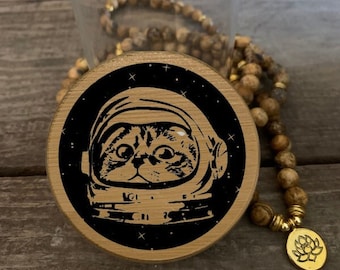 Stash Jar with Space Cat engraved design on Bamboo Top Silicone Seal Great Gift Idea with Custom Orders Available