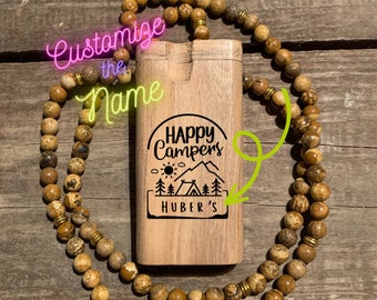 Custom Laser Engrave Your Name on our Happy Camper Designed 4-inch Wood Dugout Stash Box Choice of Glass Bat or Aluminum
