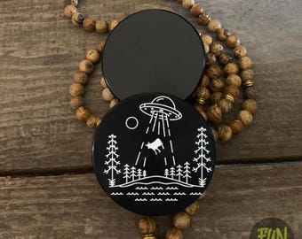 UFO Cow Etched Design Herb Grinder 5 Part Black Aluminum - Magnetic Top - Pollen Screen \\ Custom Orders Available